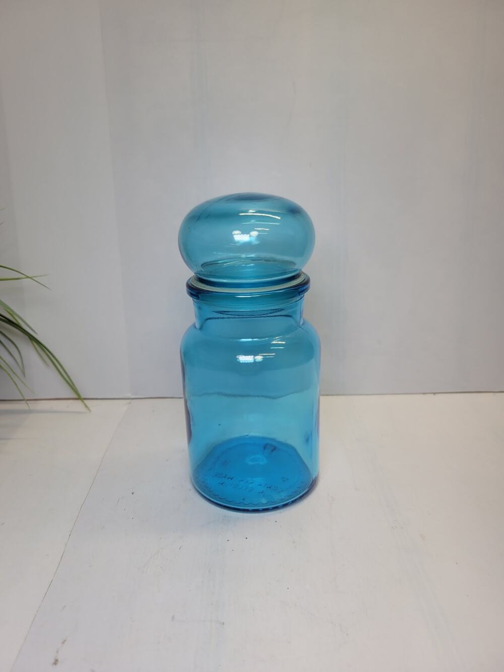 Vintage Belgium Blue Glass Apothecary Jar Bubble Top Lid Mid Century Canister 7"